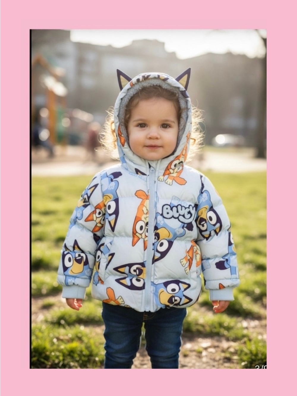 Light Blue Cartoon Puffer Jacket with Ears. Boy or girl..